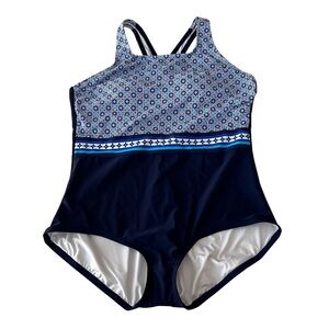 Lands End Navy and Geometric Floral Print One Piece Swimsuit‎